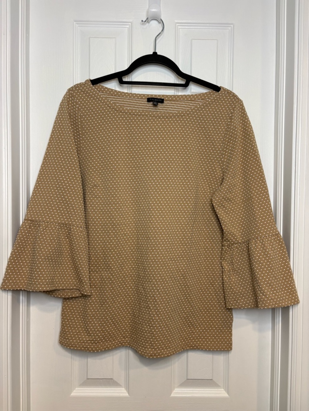 Talbots Women's Tan White Polka Dot Bell Sleeve Top Size Medium